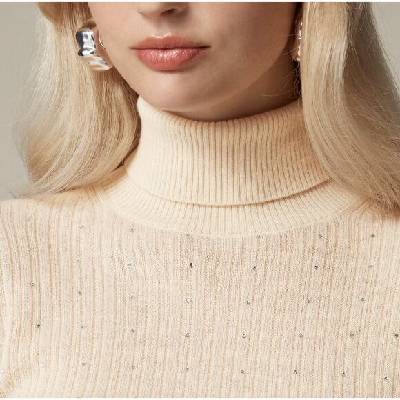 NEW J.Crew Featherweight Cashmere Turtleneck Sweater Rhinestones Buttercream 2X - Picture 2 of 16